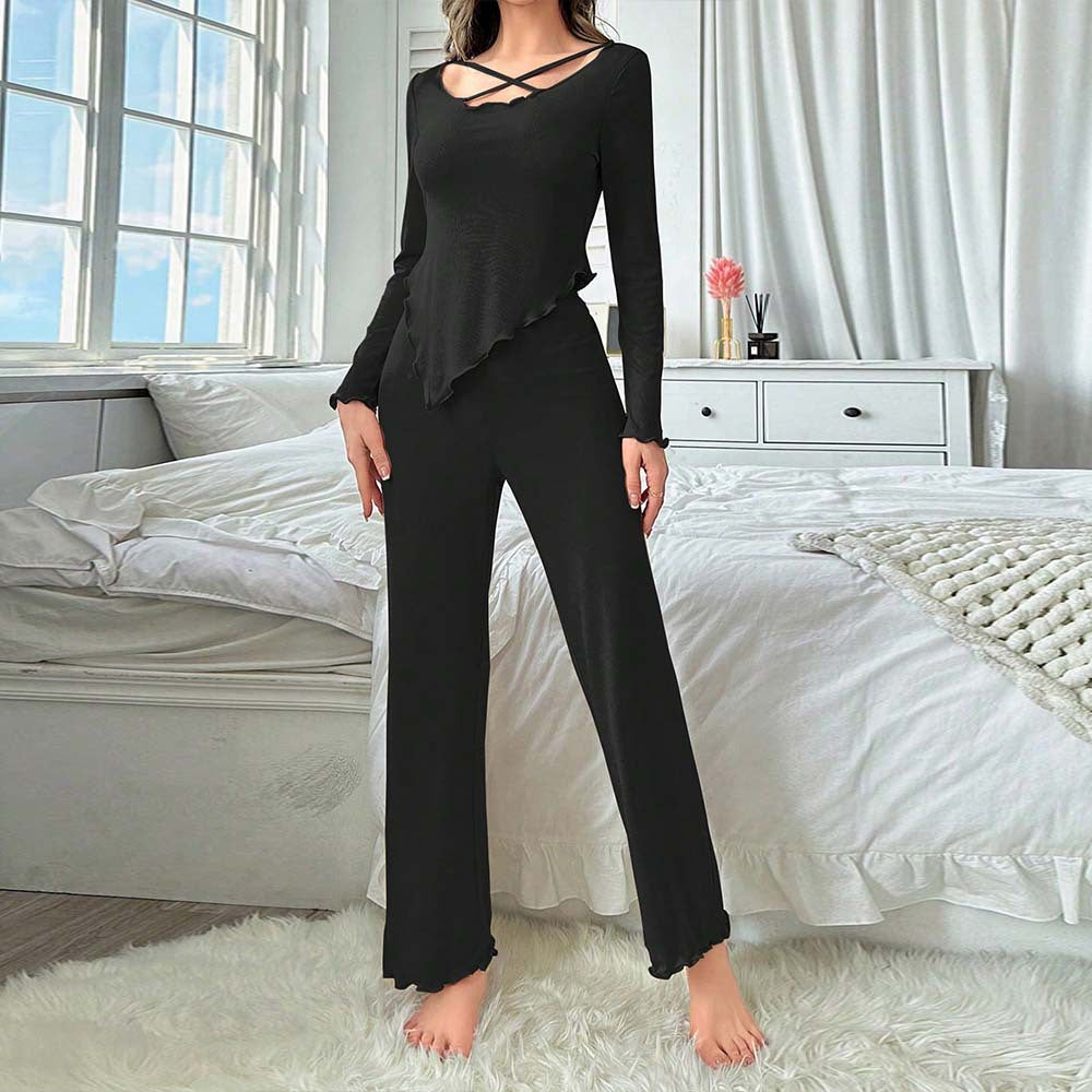 Damen lässiges Lounge-Set mit asymmetrischem Zipfeloberteil, gekreuztem Ausschnitt und weitem Bein Drune