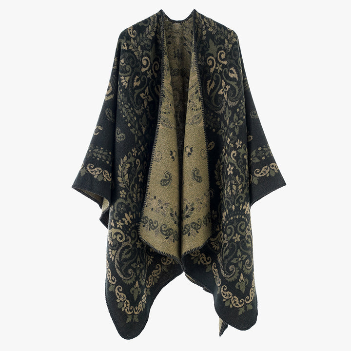 Damen Reversibler Ornamentaler Capeponcho mit feiner Jacquardstruktur Drune
