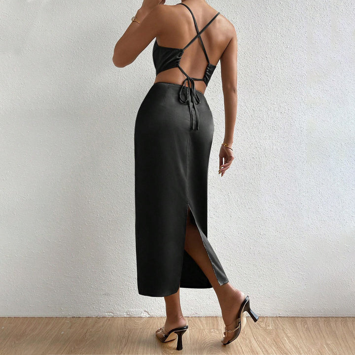 Damen Elegantes Satin-Maxikleid mit schickem V-Ausschnitt und feinen Trägern Drune