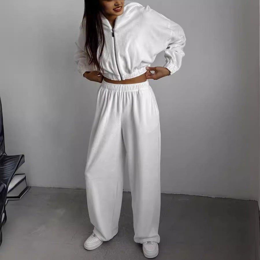 Damen Velours-Lounge-Set mit kurzem Reißverschluss-Hoodie, elastischer High-Waist-Jogginghose und Bustier Drune