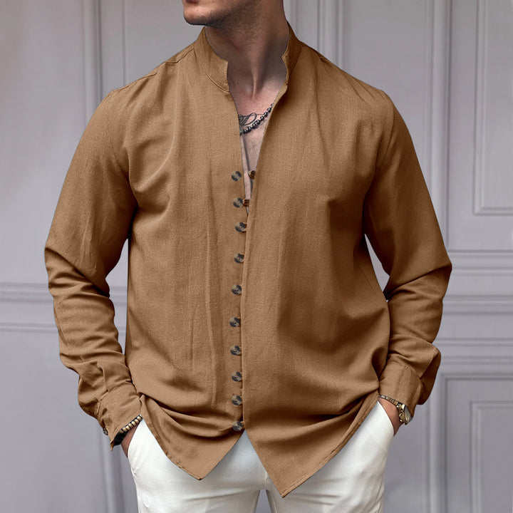 Herren nan elegantes Langarm-Leinenhemd mit Stehkragen asymmetrischer Knopfleiste und schmaler Passform Drune