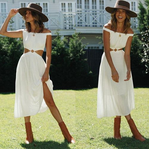 Damen Maxikleid mit Off-Shoulder-Ausschnitt und durchgehendem Schlitz Drune