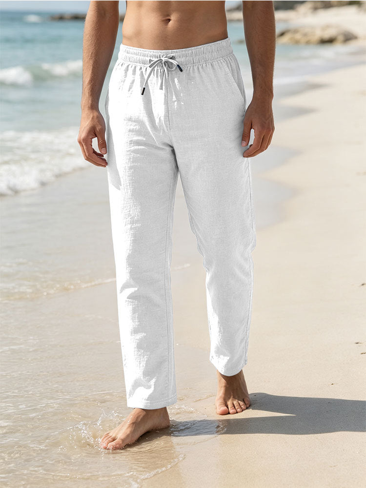 Herren Leichte Leinen-Baumwoll-Hose mit Tunnelzug, elastischem Bund und geradem Schnitt Drune