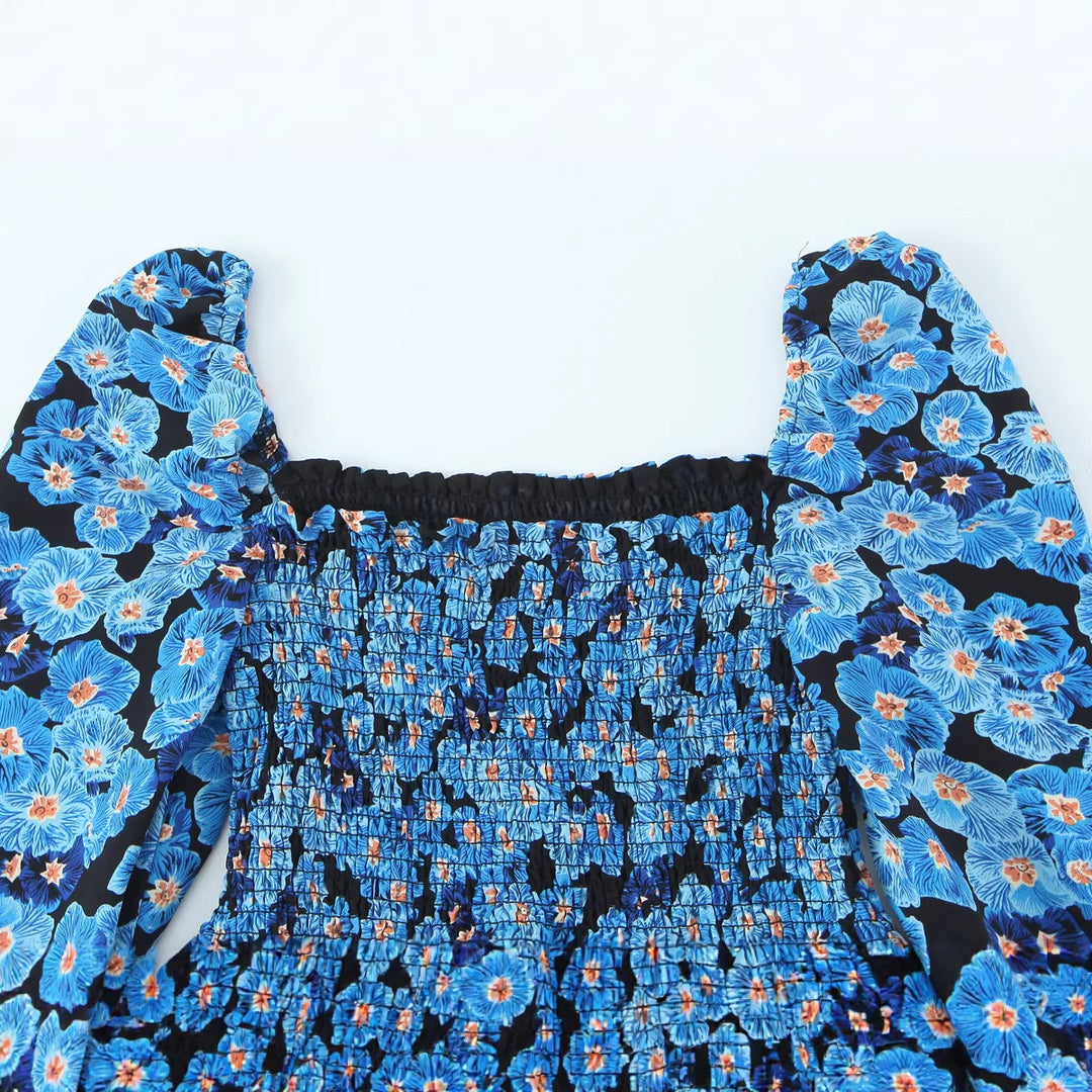 Damen Midikleid mit Smok-Büste, Volantstufen und langen Ballonärmeln Drune