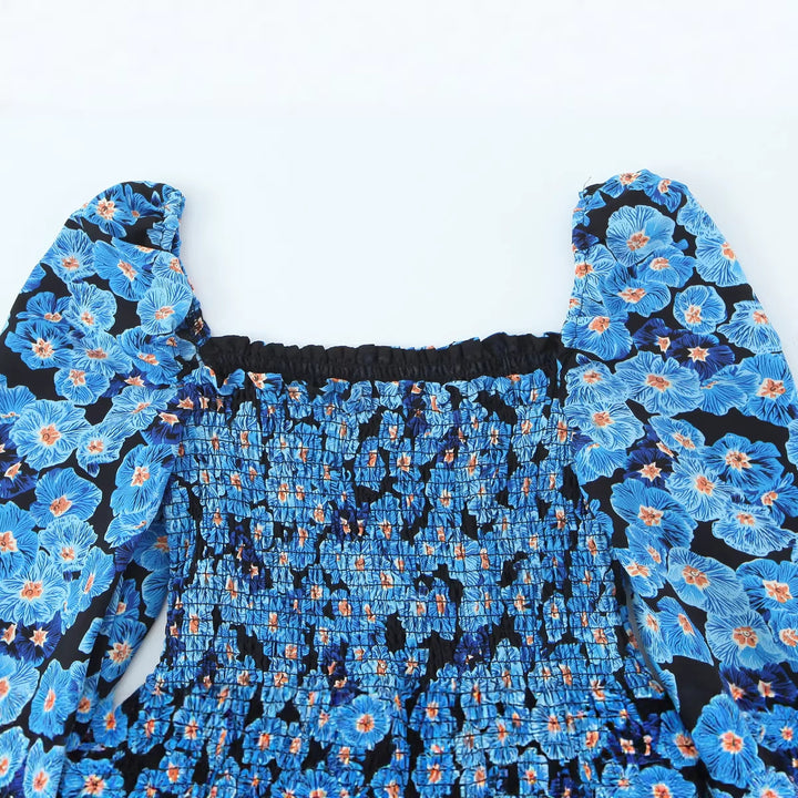 Damen Midikleid mit Smok-Büste, Volantstufen und langen Ballonärmeln Drune