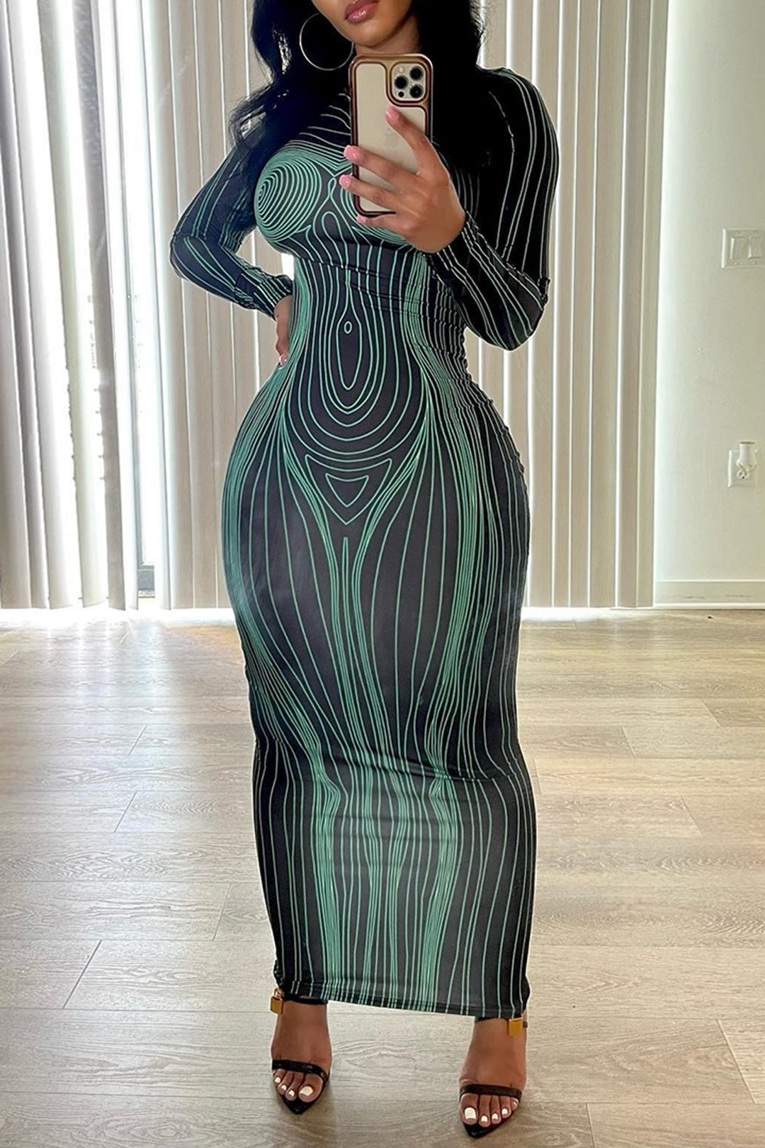Damen Langarm Maxikleid mit figurformender Linienstruktur Drune