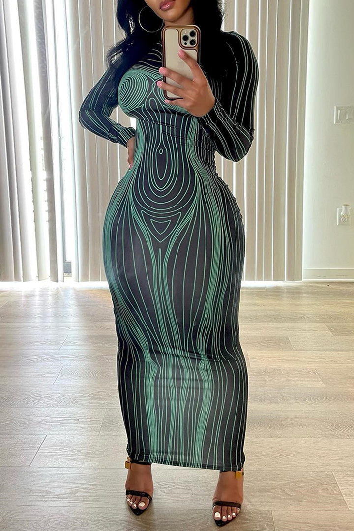 Damen Langarm Maxikleid mit figurformender Linienstruktur Drune