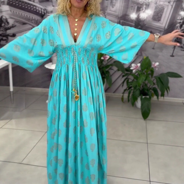 Damen nan gerafftes Maxikleid mit Smok-Taille, Kimonosärmeln und Zierquaste Drune