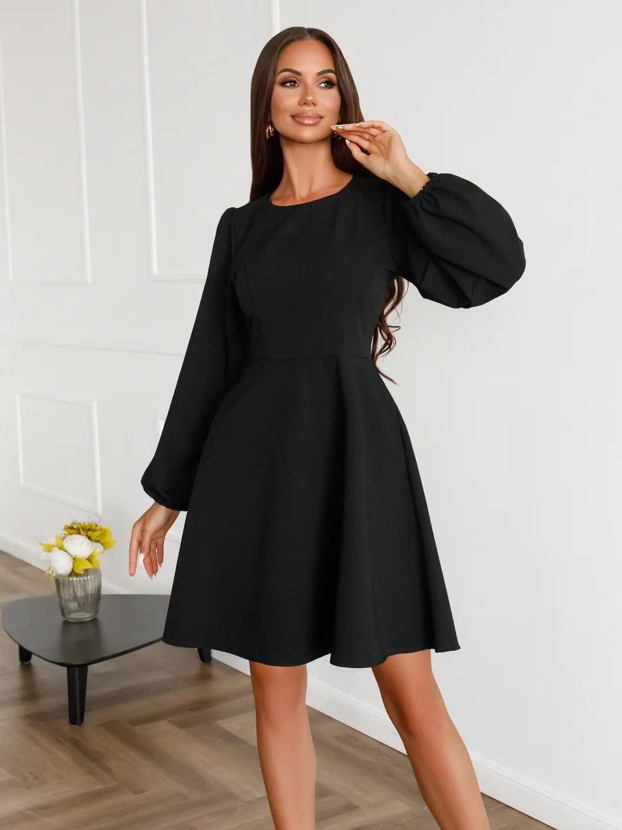 Damen schickes Cocktailkleid mit geraffter Taille, langen Ballonärmeln und rundem Ausschnitt Drune