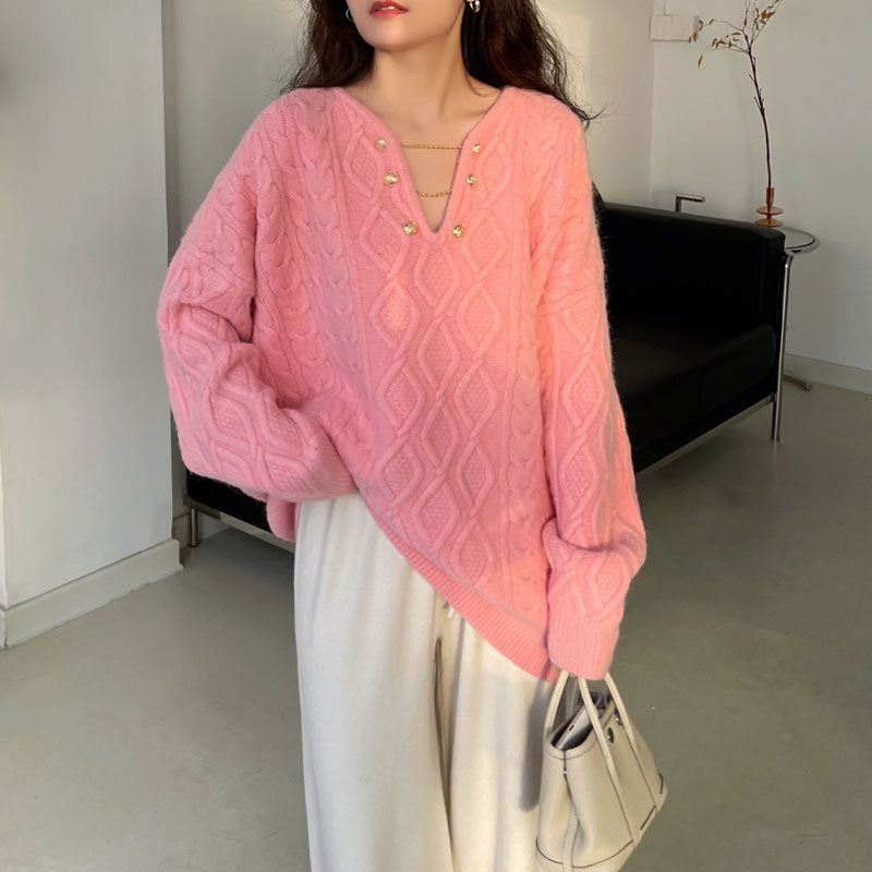Damen Grobstrickpullover mit Knopfdetails und Zopfmuster Drune