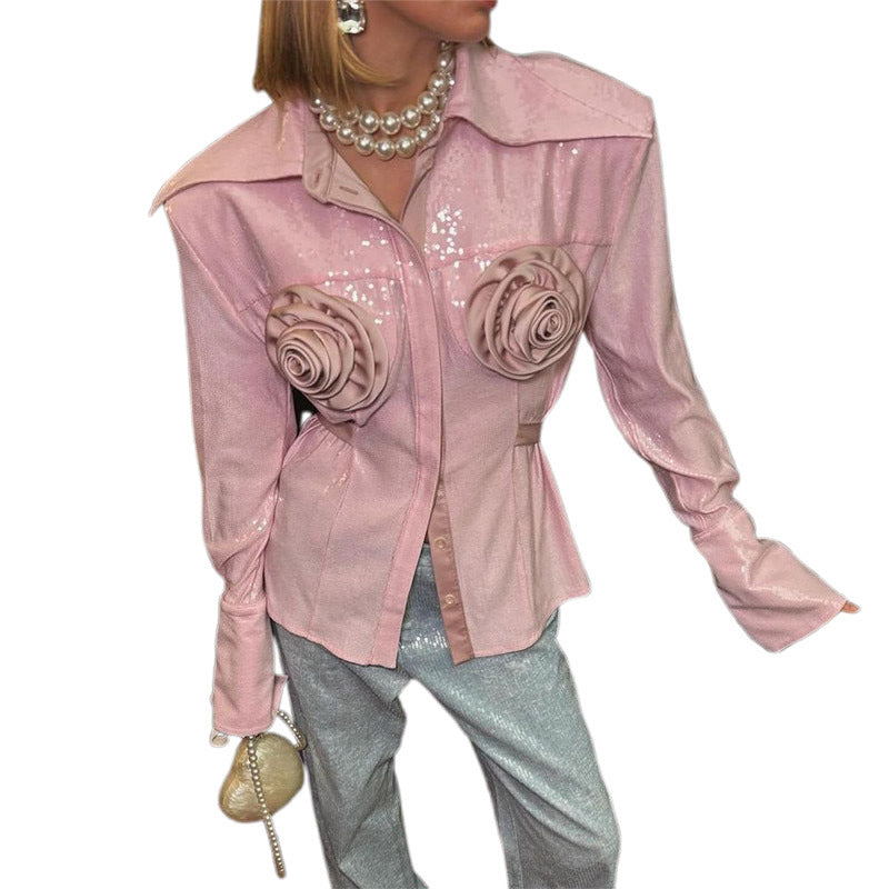 Damen Glamouröse Bluse mit 3D-Rosenapplikationen und Glitzer Drune