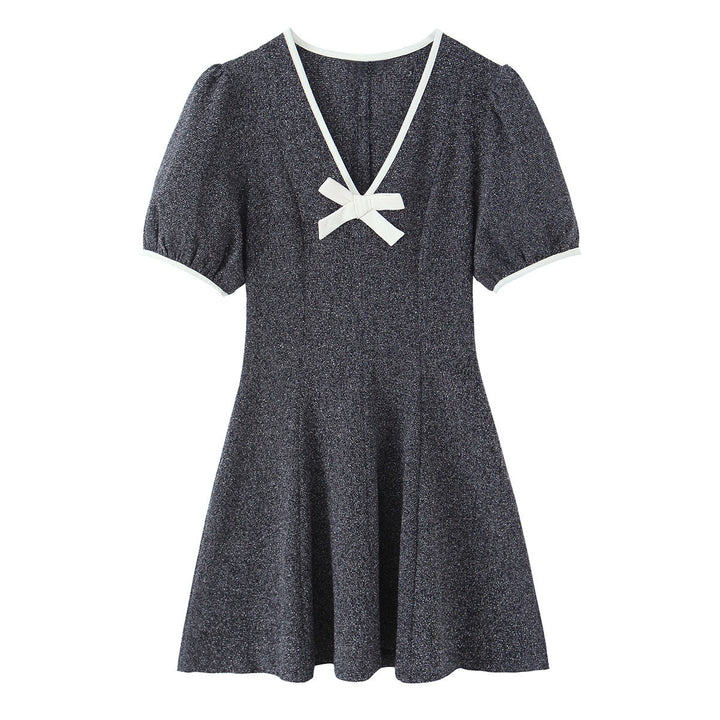 Damen Kurzarm Kleid mit eleganter Schleifenapplikation und V-Ausschnitt Drune