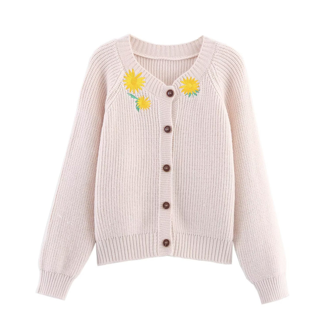 Damen gemütlicher Strickcardigan mit floralem Stickdesign Drune