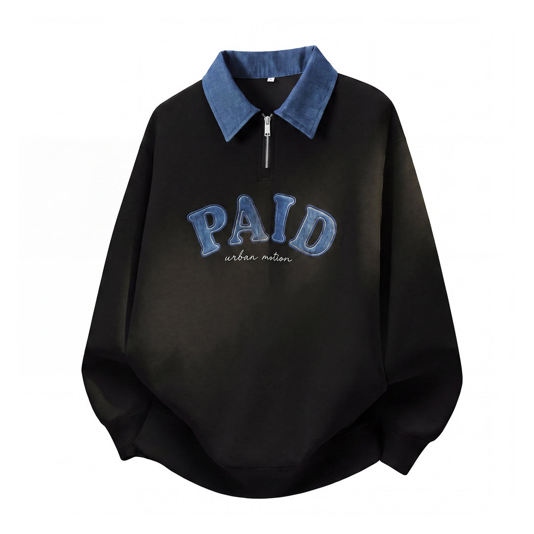 Unisex Oversize Sweatshirt mit kontrastierendem Kragen, Halbzip und Applikation Drune