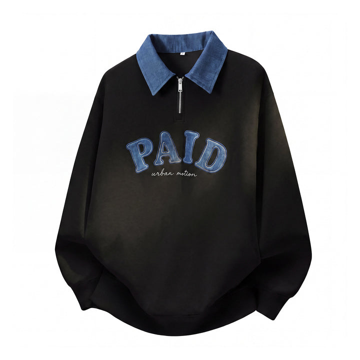 Unisex Oversize Sweatshirt mit kontrastierendem Kragen, Halbzip und Applikation Drune