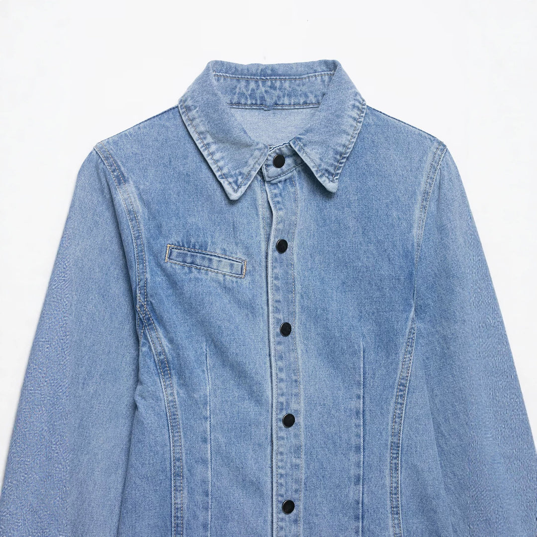 Damen Oversize Denim-Hemdjacke mit taillierten Abnähern und Druckknöpfen Drune
