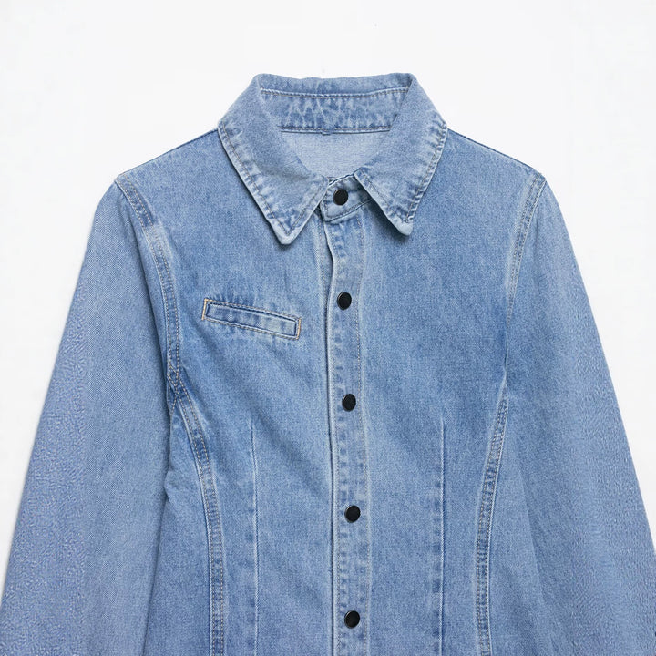 Damen Oversize Denim-Hemdjacke mit taillierten Abnähern und Druckknöpfen Drune