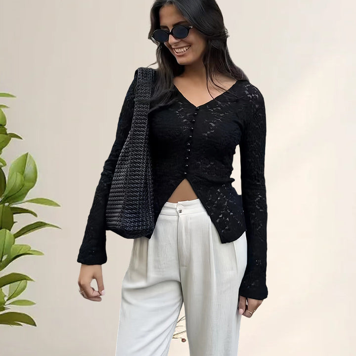 Damen Elegantes Longsleeve-Oberteil mit Lochmuster und Knopfleiste Drune