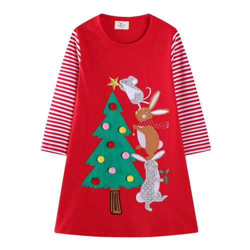 Mädchen Baumwollkleid mit festlichem Tier- und Weihnachtsbaum-Design Drune