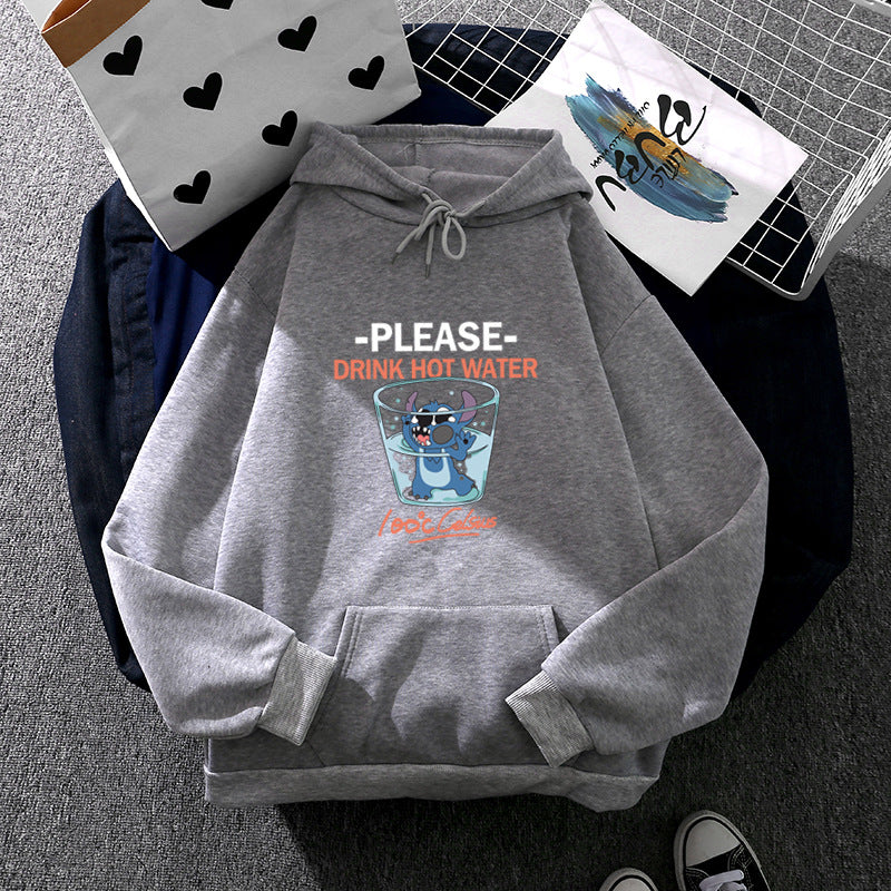 Damen nan Kapuzenpullover mit großflächigem Cartoon-Glas-Print, weichem Fleece-Innenfutter und Kängurutasche Drune