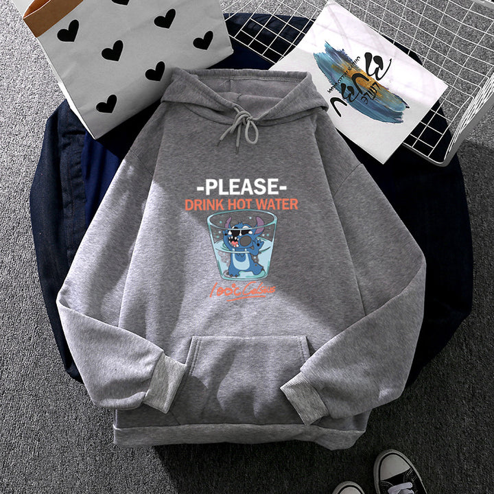 Damen nan Kapuzenpullover mit großflächigem Cartoon-Glas-Print, weichem Fleece-Innenfutter und Kängurutasche Drune