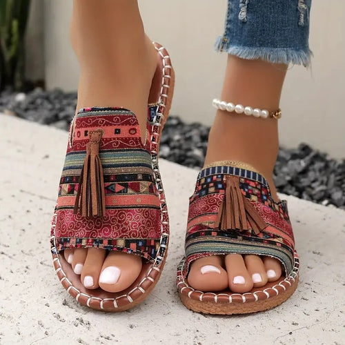 Damen Ethno-Slipper-Sandalen mit Quaste und handgenähter Ziernaht Drune