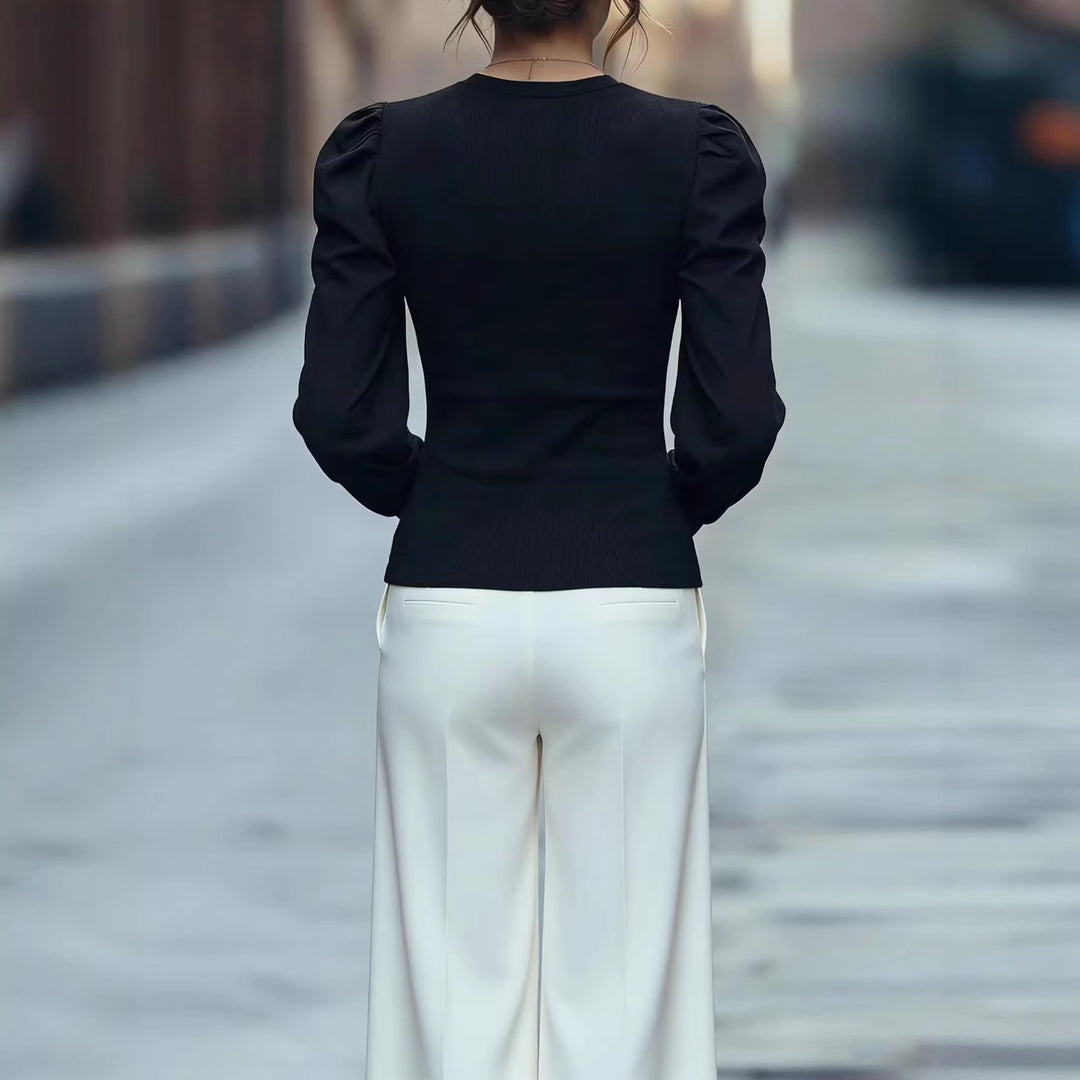 Damen Elegantes Oberteil mit Puffärmeln und dekorativem Broschen-Detail Drune