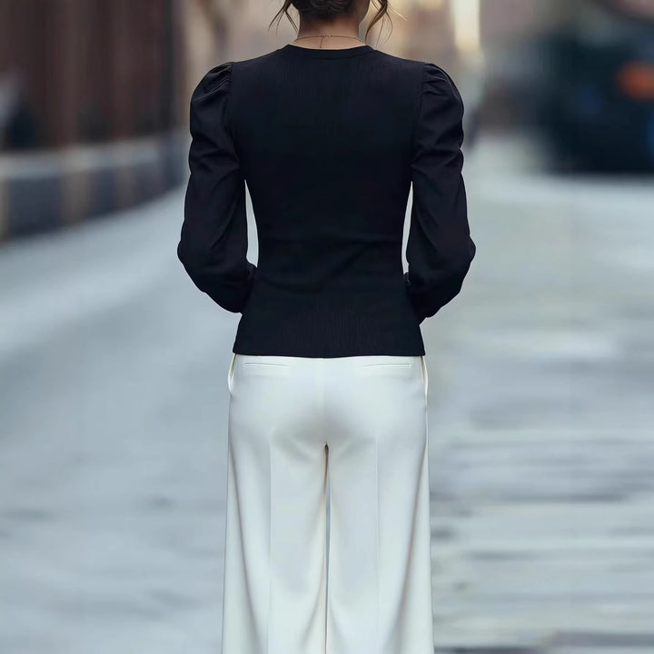 Damen Elegantes Oberteil mit Puffärmeln und dekorativem Broschen-Detail Drune
