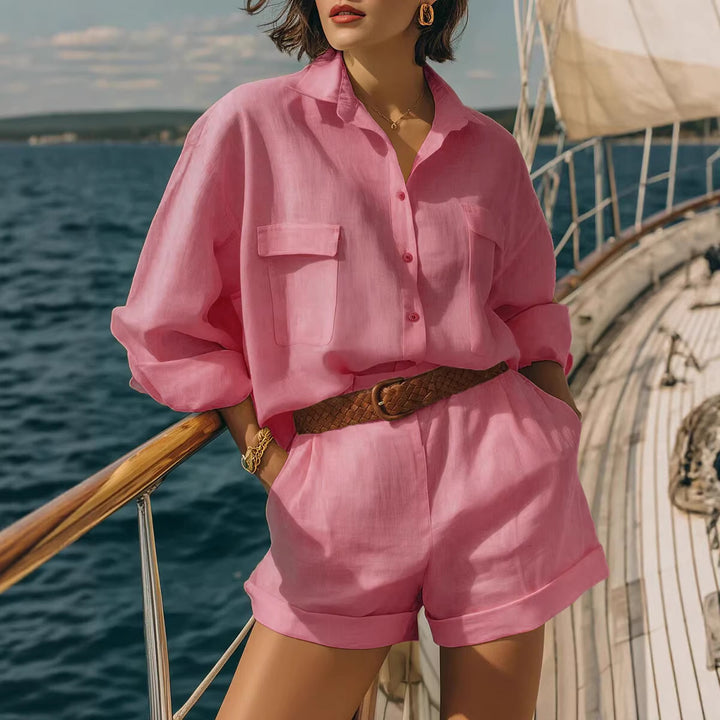 Damen Luftiges Kurzarm-Hemd und Shorts-Set Drune