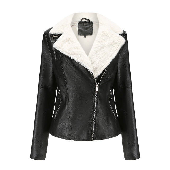 Damen nan taillierte Kunstleder-Bikerjacke mit abnehmbarem Kunstfellkragen und schrägem Reißverschluss Drune