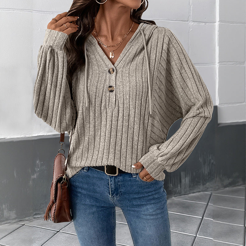 Damen Gerippter Kapuzenpullover mit V‑Ausschnitt, Knopfleiste und Oversize-Ärmeln Drune