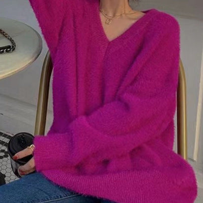 Damen Flauschiger V-Ausschnitt Pullover aus Mohair Drune