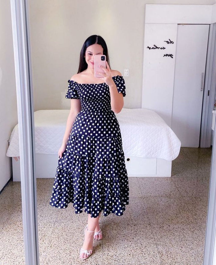 Drune | Mode Kurzärmelig Bedruckt Ausgestelltes Midi Kleid