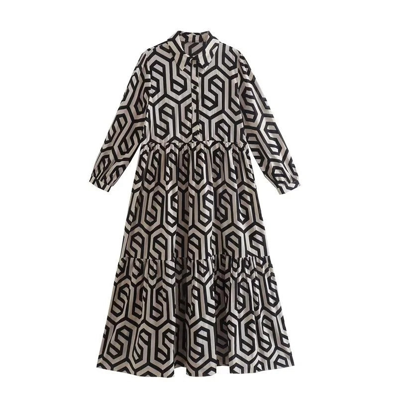 Damen nan langes Hemdkragen-Stufenkleid mit geometrischem Alloverprint und geraffter Taillenpasse Drune