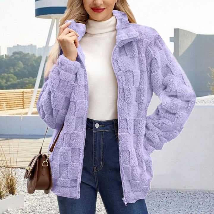 Damen Teddyjacke mit Karo-Struktur, Stehkragen und Reißverschluss Drune
