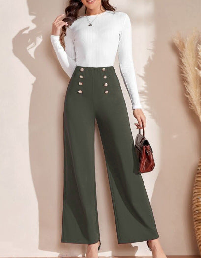 Damen nan hohe Taillenhose mit weitem Bein, maritim inspirierten Zierknöpfen Drune