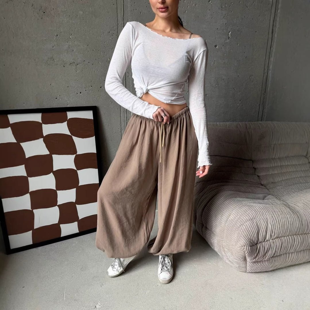 Damen weite Harem-Ballonhose mit hohem Elastikbund, Tunnelzug und lässiger Weite Drune