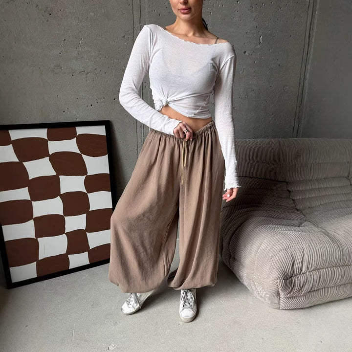 Damen weite Harem-Ballonhose mit hohem Elastikbund, Tunnelzug und lässiger Weite Drune