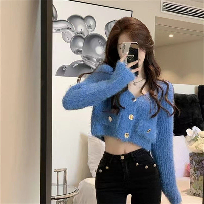 Damen Flauschige Strickjacke mit V-Ausschnitt und dekorativen Knöpfen Drune