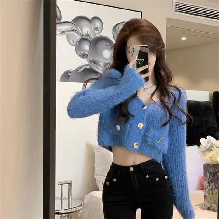 Damen Flauschige Strickjacke mit V-Ausschnitt und dekorativen Knöpfen Drune