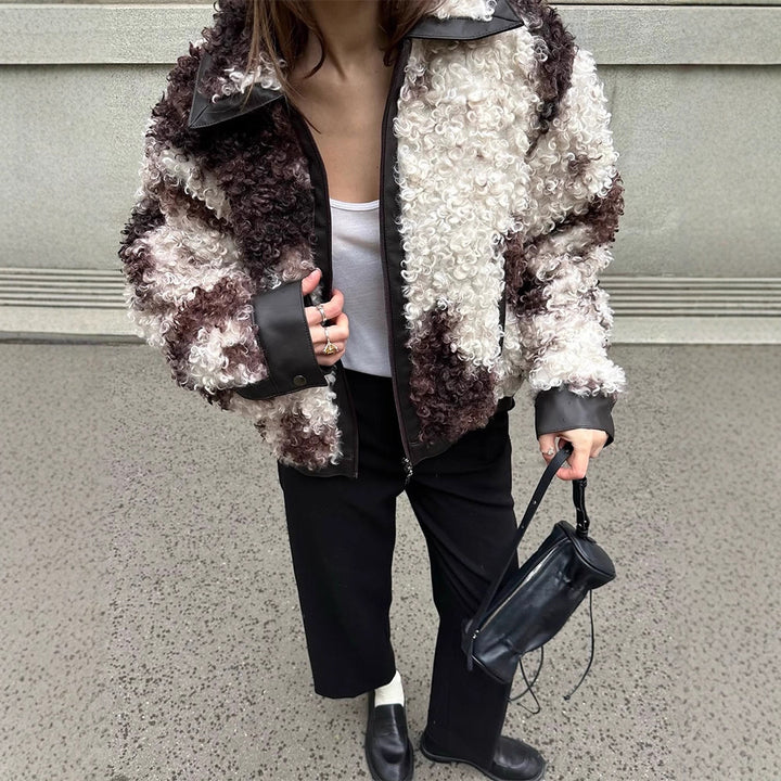 Damen Kurzblouson aus lockigem Bouclé‑Fauxfur mit Lederoptik‑Besatz Drune