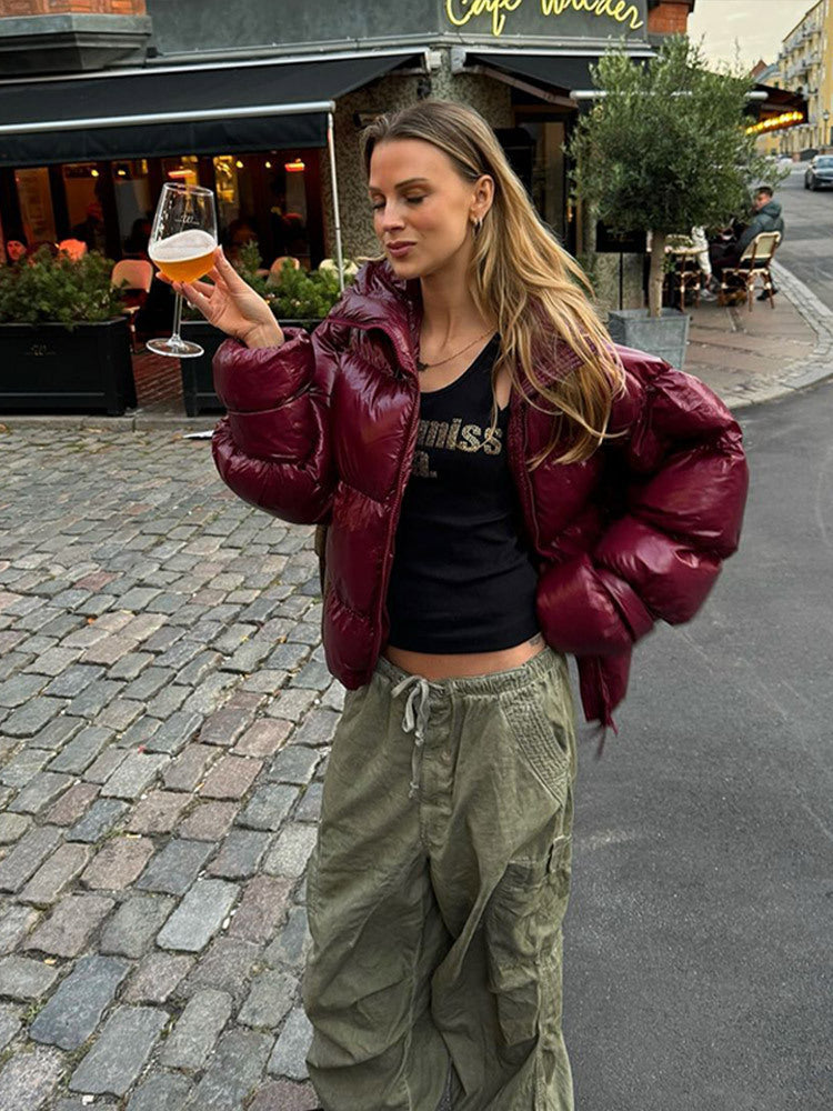 Damen Glänzende Oversize-Steppjacke mit Kapuze und hohem Stehkragen Drune