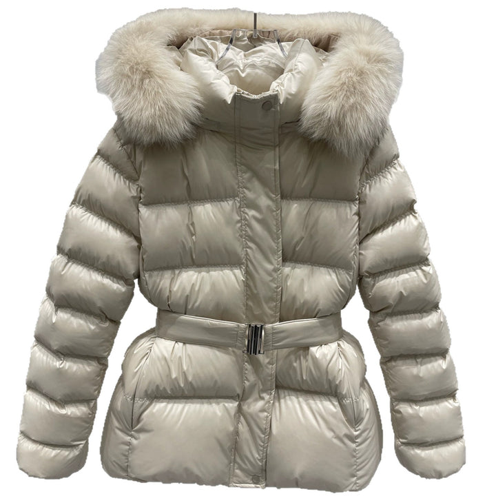 Damen Taillierte Stepp-Pufferjacke mit Gürtel, hohem Kragen und abnehmbarem Fellbesatz Drune