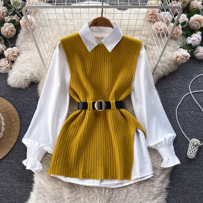Damen Lagenlook-Bluse mit Rippstrick-Überwurf und Taillengürtel Drune