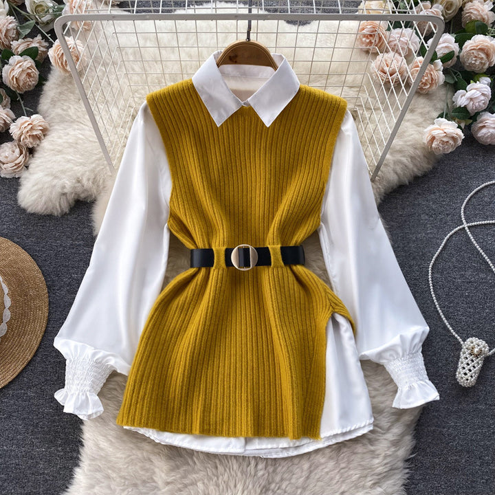 Damen Lagenlook-Bluse mit Rippstrick-Überwurf und Taillengürtel Drune
