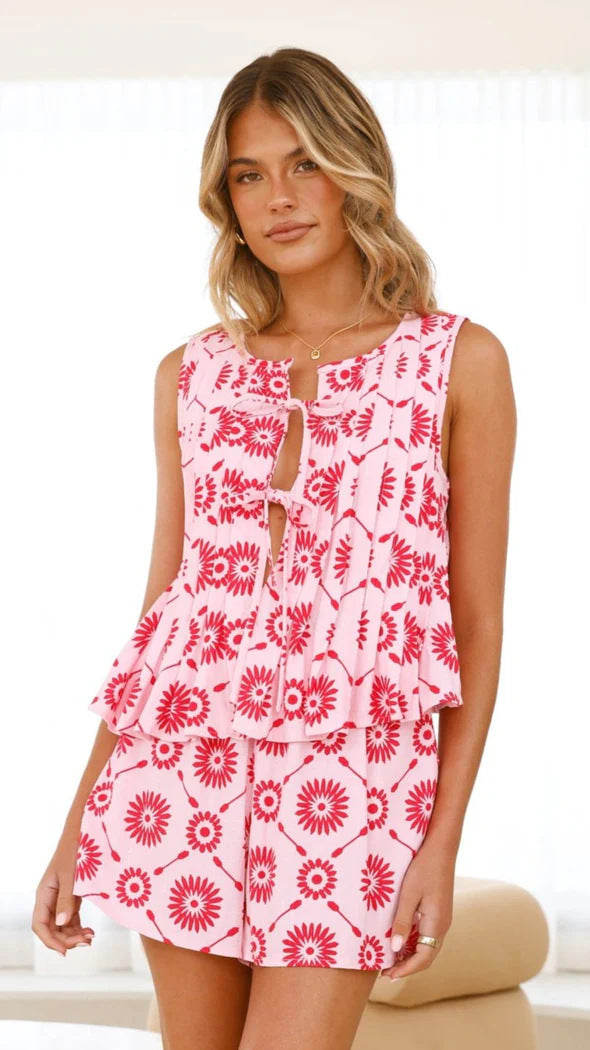 Damen Sommer Shorts Set mit verspieltem Flügel-Design und buntem Druck Drune