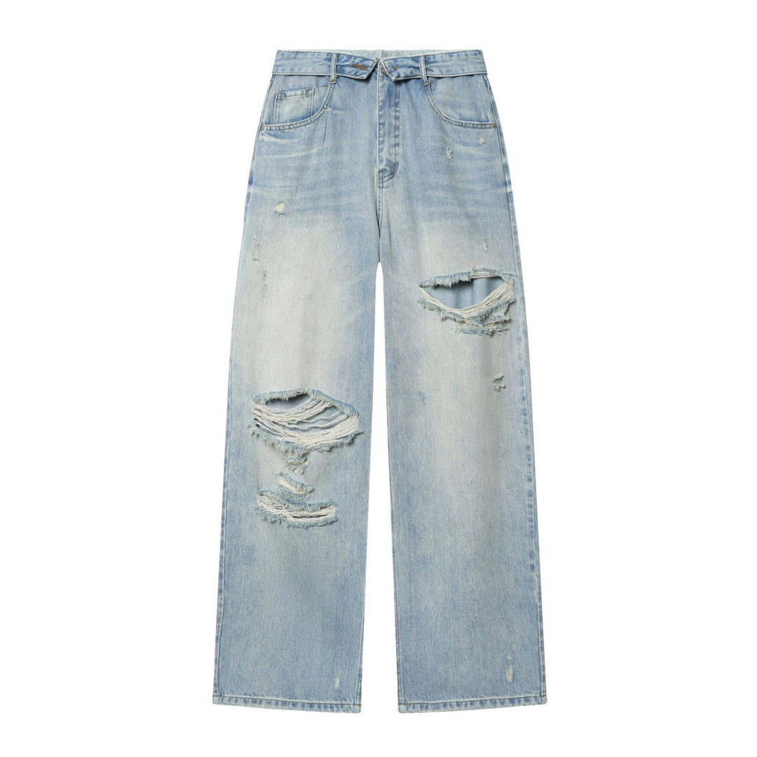 Damen nan hochgeschnittene weite Jeans mit geradem Bein, Destroyed‑Details und klassischer Five‑Pocket‑Passform Drune