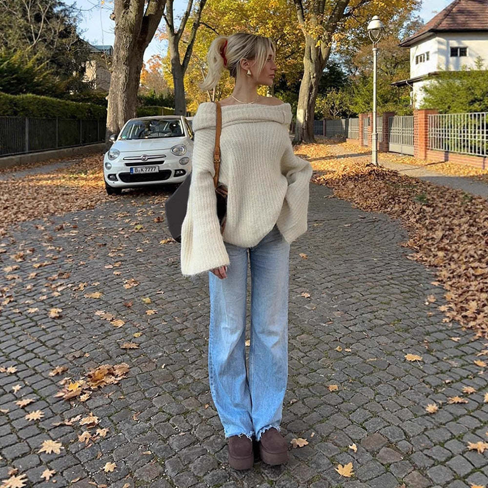 Damen Oversize Schulterfreier Rippstrick-Pullover mit weiten Glockenärmeln Drune