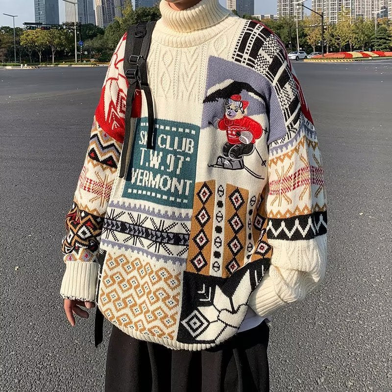 Damen modischer Oversized-Pullover mit kreativem Muster und hohem Kragen Drune