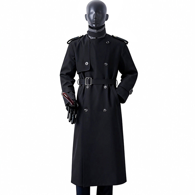 Herren Zeitloser Maxilanger Trenchcoat im Military-Stil mit Sturmklappe und Taillengürtel Drune